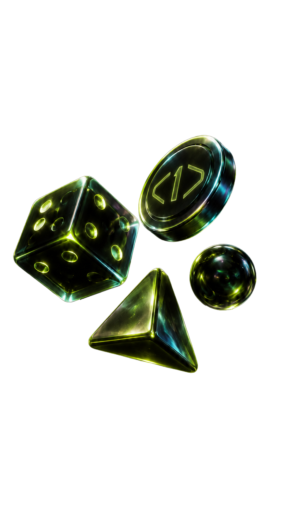 Original game pieces — dice, < > chip, pyramid